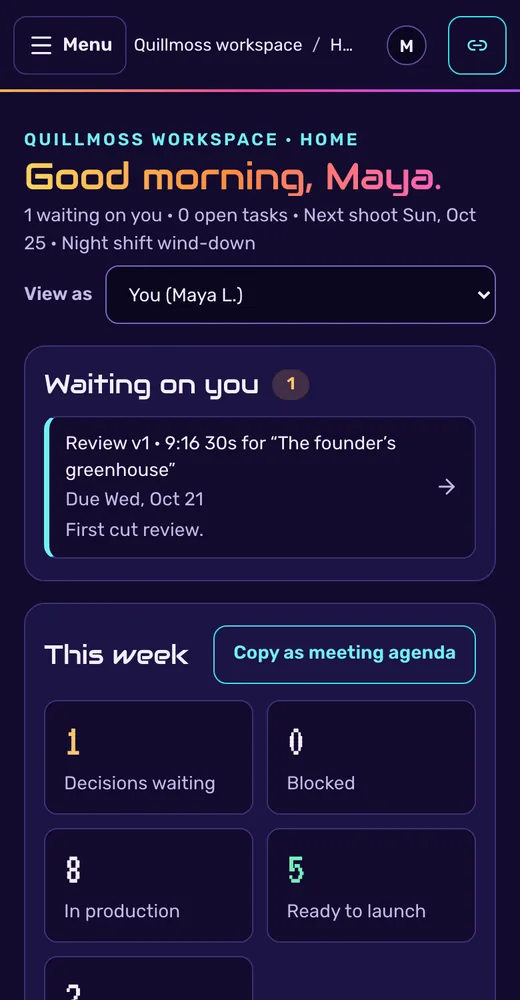 The same Home on a phone, with the cut waiting on her review and the week’s counts.